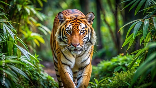 A majestic Bengal tiger stalks through a dense jungle its striped fur blending with the surrounding foliage. photo