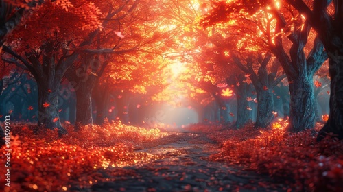 A tranquil pathway through an autumn forest with vibrant red leaves illuminated by soft sunlight