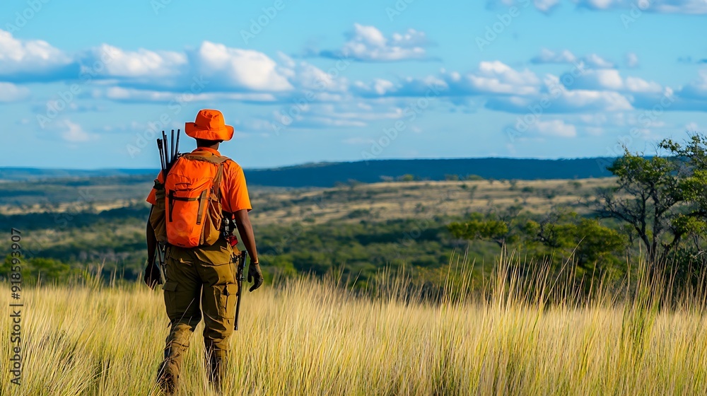 Hunter Dressed in Bright Orange Safety Gear Scanning Forested Area for Game During Autumn Day Hunter Dressed in Bright Orange Safety Gear Scanning Forested Area for Game During Autumn Day