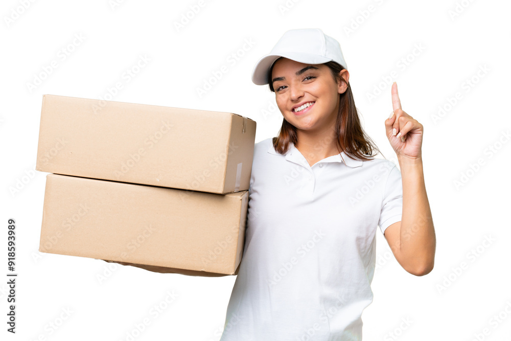 Delivery caucasian woman holding boxes isolated on green chroma background showing and lifting a finger in sign of the best Delivery caucasian woman holding boxes isolated on green chroma background showing and lifting a finger in sign of the best