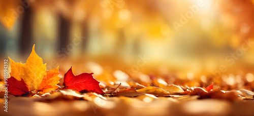 autumn leaves banner background with Bokeh