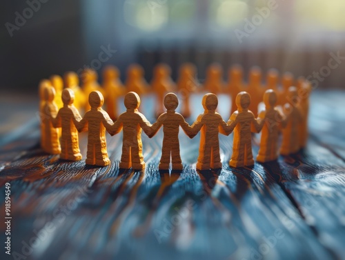 Collaborating team in yellow figures holding hands together