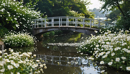 Pont romantique sur ruisseau entouré de fleurs blanches