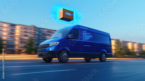 A delivery van transporting packages with digital technology, symbolizing fast and efficient logistics in modern urban environments.