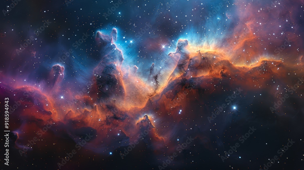 Fototapeta premium Colorful nebula in deep space showcasing vibrant gas and dust formations illuminated by distant stars
