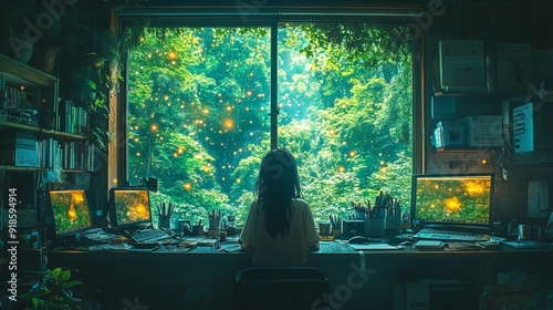 Lo-Fi Empty Interior: Messy Desk and Forest Window View in Anime Manga Style for Cozy and Chill Vibe, Generative AI