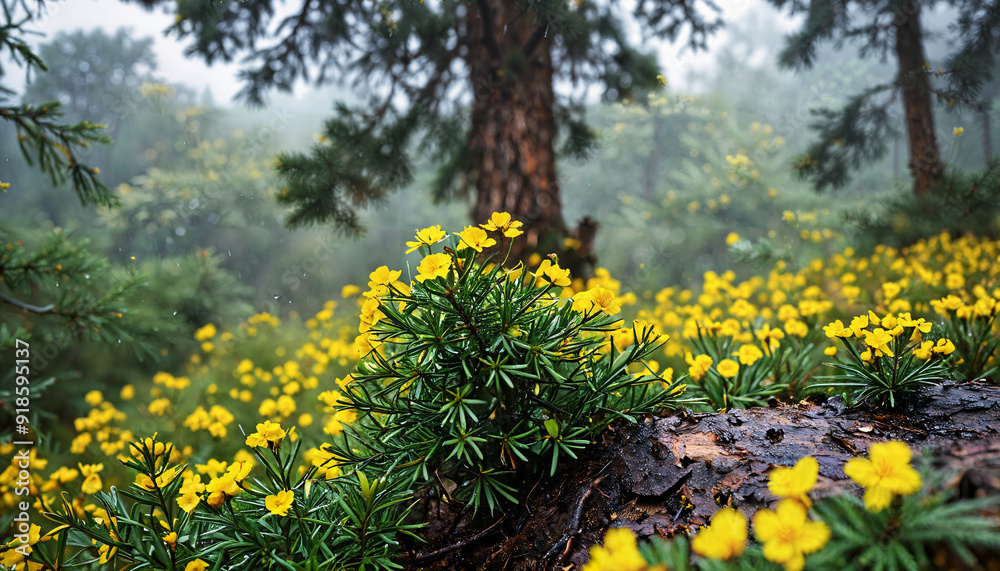 Fototapeta premium Fleurs jaunes dans une forêt brumeuse