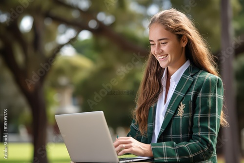 New Zealand high school girl studying outdoors in uniform
