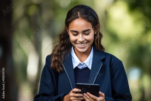 New Zealand high school girl smiles while using smartphone