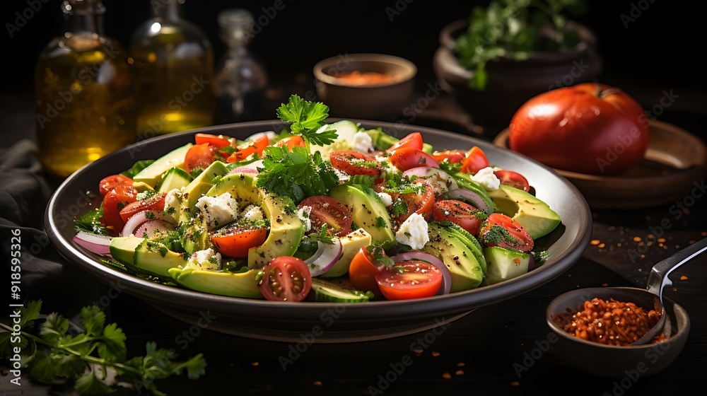 A black plate with a salad of vegetables including tomatoes, cucumbers food photography AI Generated A black plate with a salad of vegetables including tomatoes, cucumbers food photography AI Generated