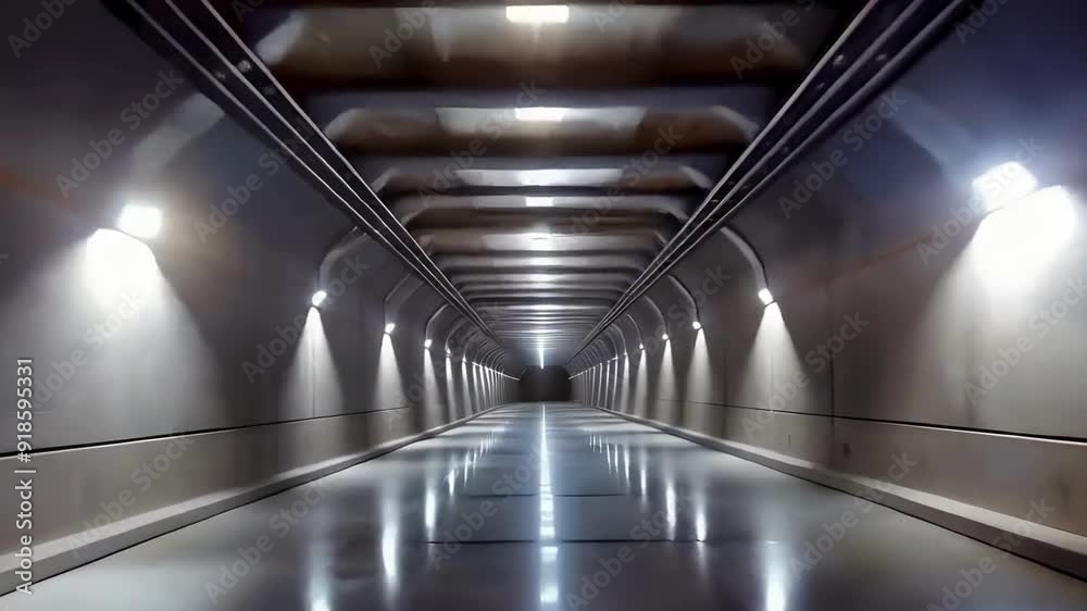 Dark Concrete Led White Lights Underground Tunnel Corridor Cement Asphalt Hallway Warehouse Tunnel Corridor Metal Structure Realistic Empty 3D Rendering
