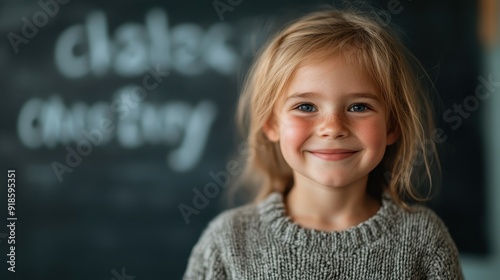 A young girl stands in the classroom wearing a cozy sweater, against the background of a blackboard with indistinct writing. The setting captures an educational atmosphere filled with learning opport photo