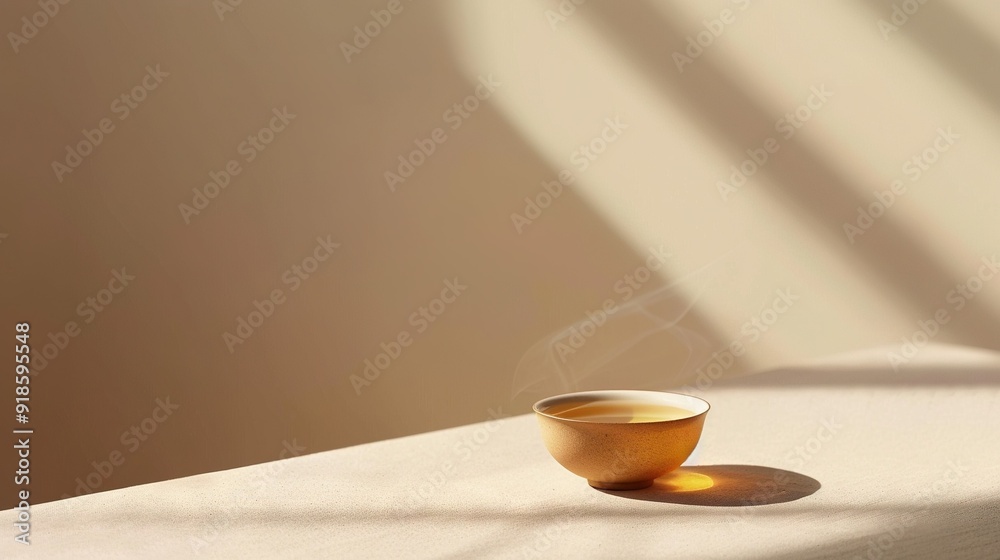 A cup of coffee rests atop a table near a sunlight emanating from a window, casting its shadow beside it A cup of coffee rests atop a table near a sunlight emanating from a window, casting its shadow beside it