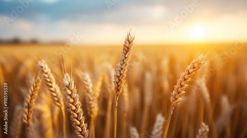 Close-up of golden wheat spikes beautifully illuminated by the warm light of a setting sun, capturing the essence of rural life and the beauty of the agricultural landscape.