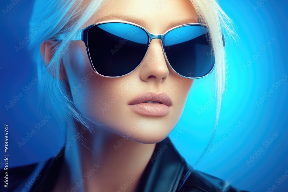 Stylish Blonde Woman in Sunglasses Against Vivid Blue Background Stylish Blonde Woman in Sunglasses Against Vivid Blue Background