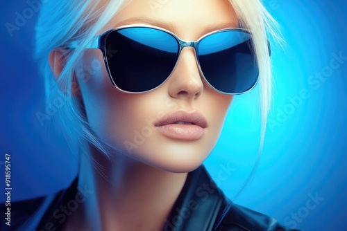 Stylish Blonde Woman in Sunglasses Against Vivid Blue Background