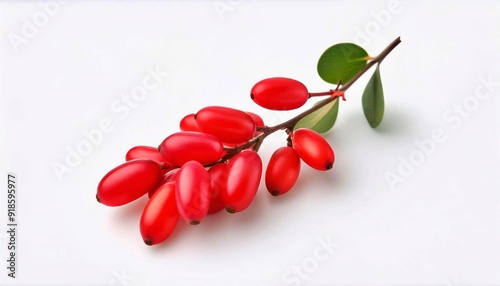 Ripe Barberry Branch: A single sprig of vibrant barberry, laden with plump, juicy red berries, set against a clean white backdrop.  photo