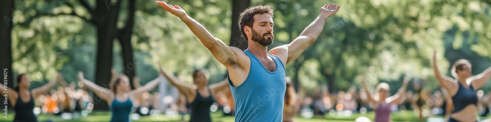 A man is doing yoga in a park with a group of people. The man is wearing a blue shirt and he is in a relaxed and peaceful mood. The group of people are also doing yoga, creating a sense of community A man is doing yoga in a park with a group of people. The man is wearing a blue shirt and he is in a relaxed and peaceful mood. The group of people are also doing yoga, creating a sense of community