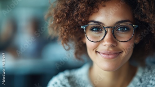 This photo features a person with curly hair partially blurred with glasses in the foreground, set within an office or work environment, suggesting focus and concentration.