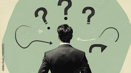 Minimalist retro collage of a black-and-white photograph of a man in a suit against a green background, surrounded by arrows and question marks. Concept of doubt and choice.