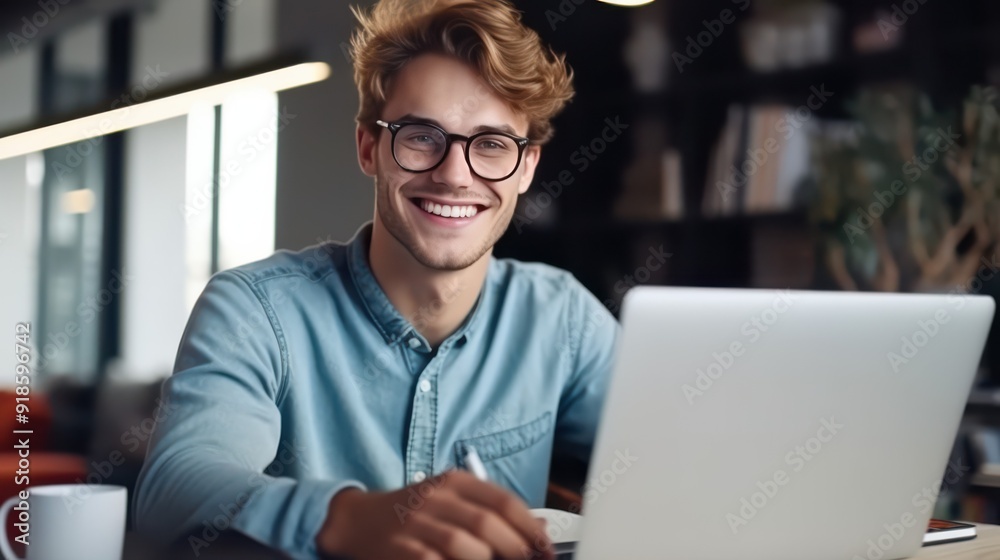 Happy young man working at office desk with laptop Happy young man working at office desk with laptop