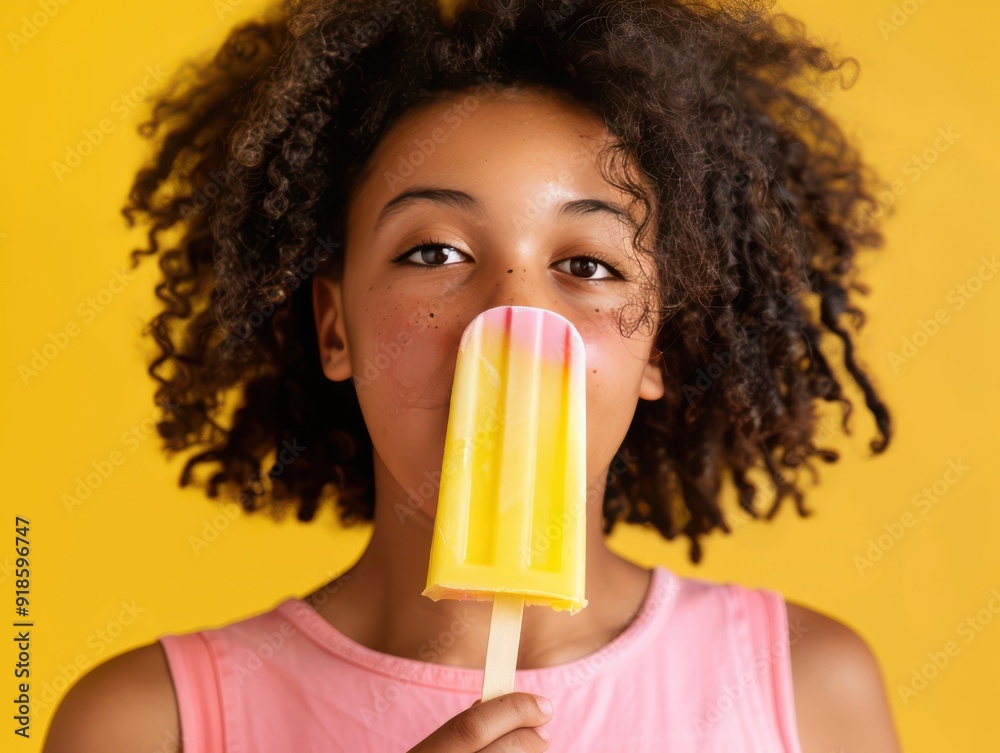 Young adult with a popsicle on a yellow backdrop Young adult with a popsicle on a yellow backdrop