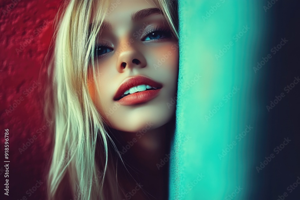 Close-Up Portrait of a Blonde Woman with Vibrant Background and Soft Lighting Close-Up Portrait of a Blonde Woman with Vibrant Background and Soft Lighting