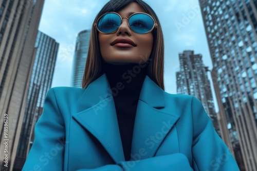 Confident Urban Woman in Stylish Blue Coat and Sunglasses in Cityscape Background photo