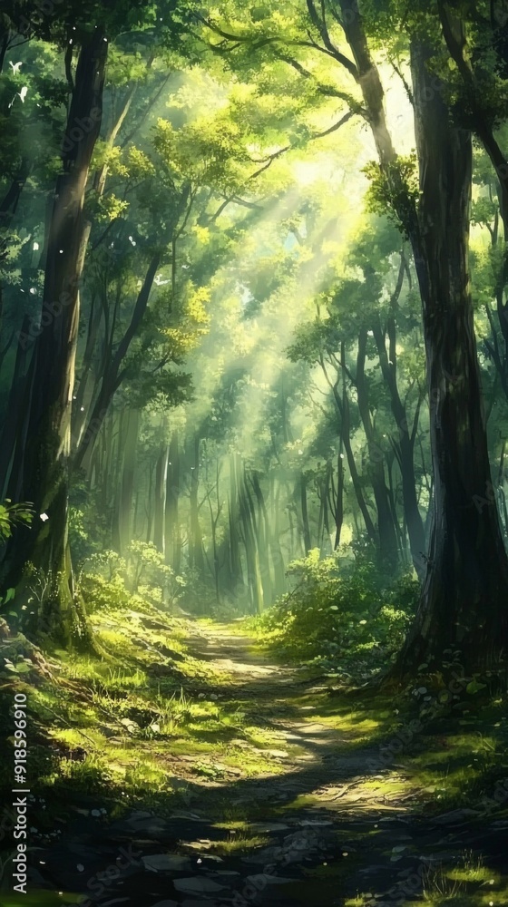 Obraz premium Secluded Anime-Inspired Forest, Dense Foliage with Sunbeams Piercing Through, Solitary Bird Songs in a Tranquil, Mystical Setting,Abstract concepts, game concept art, storybook illustrations