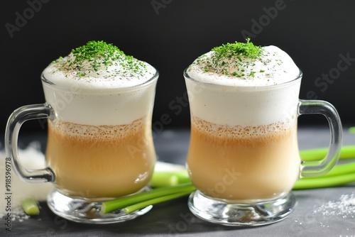 Creamy Vegetable Soup in Glass Mugs with Fresh Herbs