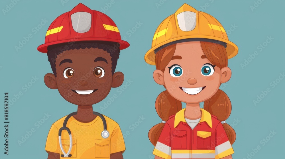 Black boy and girl dressed as firefighters smiling together Black boy and girl dressed as firefighters smiling together