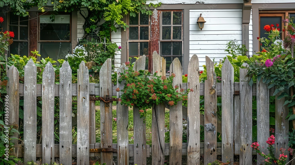 A weathered wooden fence with red and purple flowers in bloom, with a house in the background. A weathered wooden fence with red and purple flowers in bloom, with a house in the background.