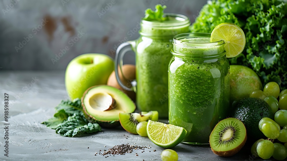 Green smoothies with a lime on top and fruits with apples and avocado food photography AI Generated Green smoothies with a lime on top and fruits with apples and avocado food photography AI Generated