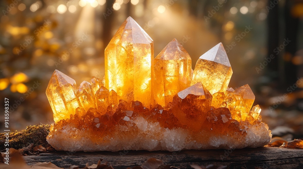 Glowing citrine crystal cluster in forest - generative ai Glowing citrine crystal cluster in forest - generative ai
