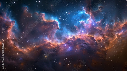 Vibrant nebula illuminated by distant stars in the night sky