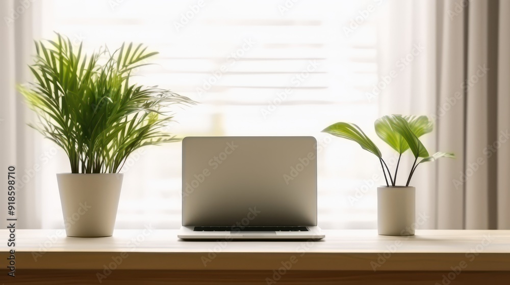 Minimalist home office setup with plants and a laptop Minimalist home office setup with plants and a laptop