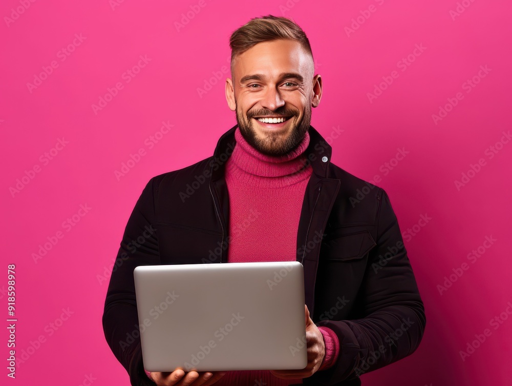 Smiling male architect holding a laptop in a creative studio Smiling male architect holding a laptop in a creative studio