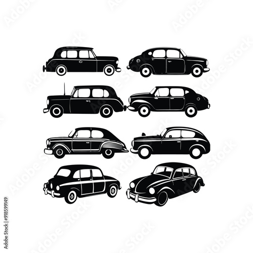 Vintage Car set Silhouette Vector Illustration on white background 1