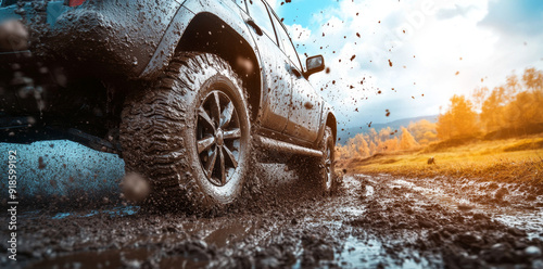 car driving on a muddy road with off-road tires, splashing mud from the wheels