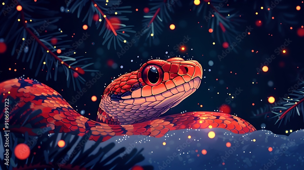 A curious snake peeks from under a Christmas tree adorned with twinkling lights. A curious snake peeks from under a Christmas tree adorned with twinkling lights.