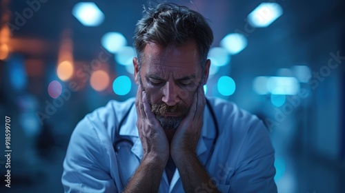 A doctor reflecting in a hospital corridor during a quiet night shift