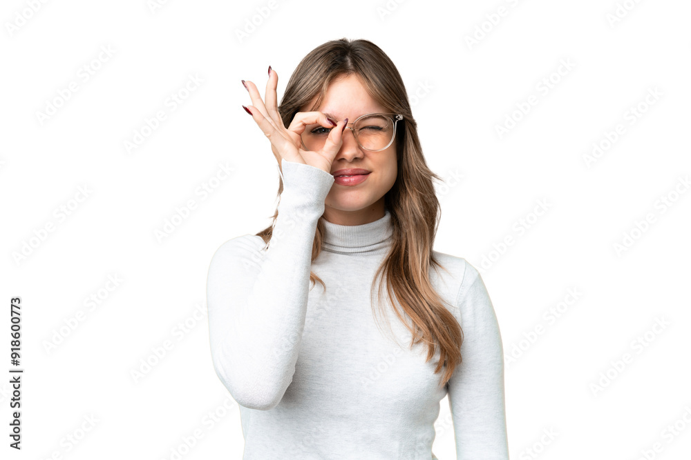Young girl over isolated chroma key background With glasses with happy expression Young girl over isolated chroma key background With glasses with happy expression