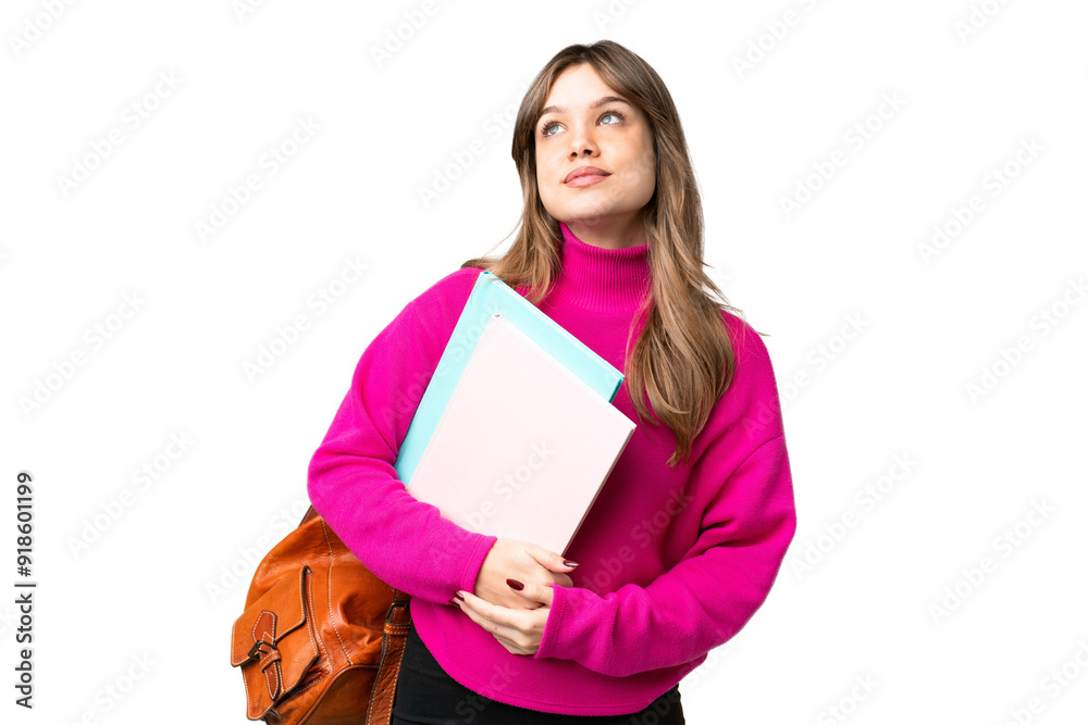 Young student girl over isolated chroma key background thinking an idea while looking up Young student girl over isolated chroma key background thinking an idea while looking up