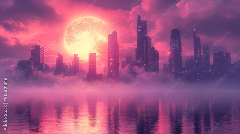 Futuristic cityscape with full moon - generative ai Futuristic cityscape with full moon - generative ai