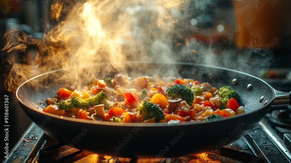 Steaming stir fry vegetables in a pan - generative ai