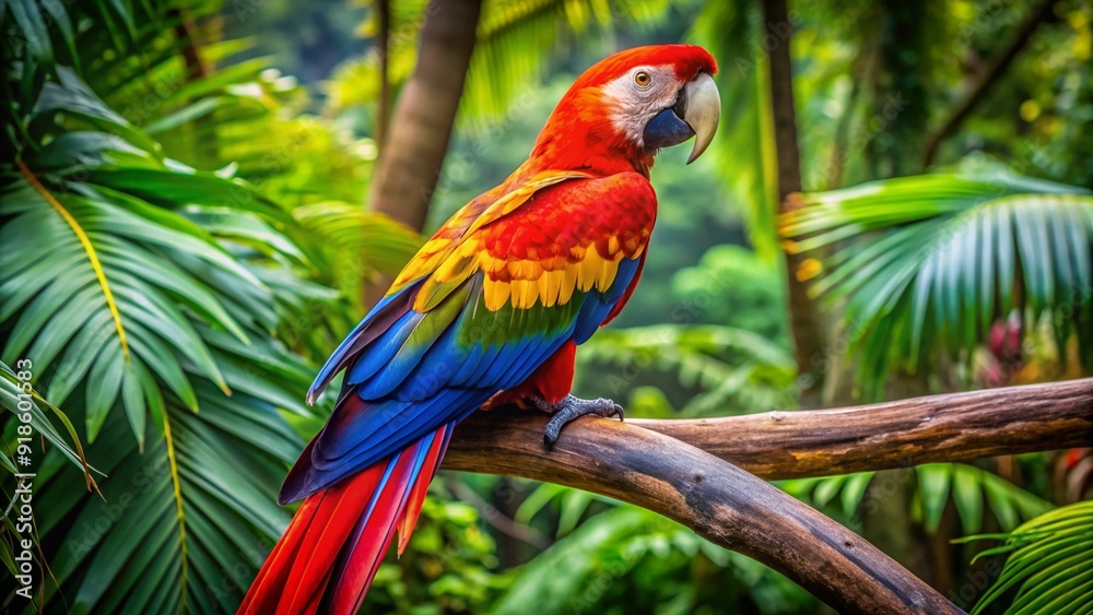 A vibrant macaw perched on a branch in a tropical rainforest showcasing its brightly colored feathers. A vibrant macaw perched on a branch in a tropical rainforest showcasing its brightly colored feathers.