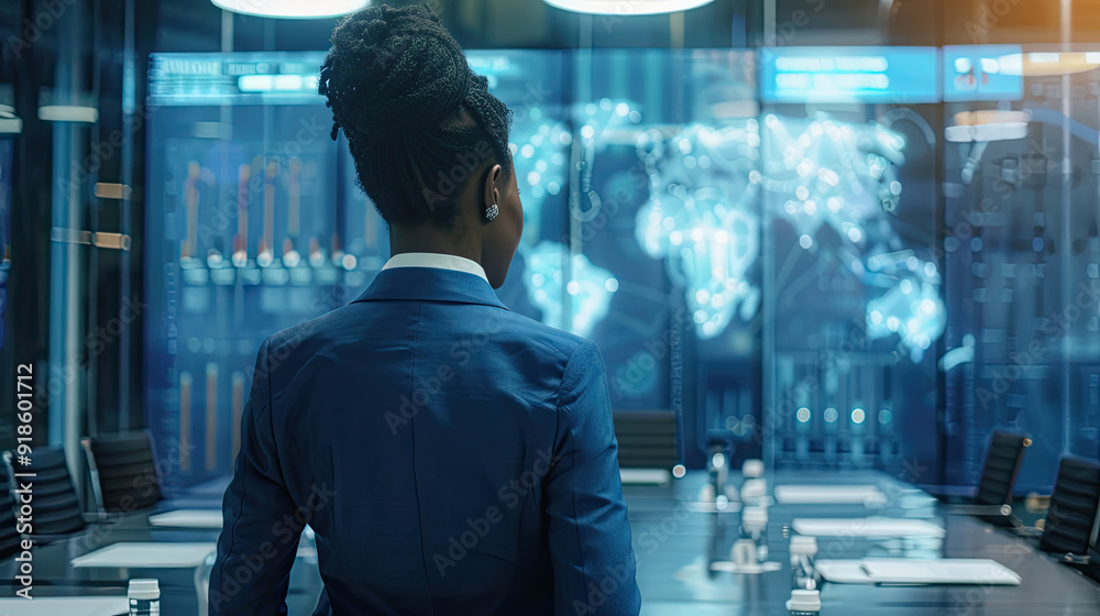 A businesswoman reviews complex visuals and data projections in a high-tech conference room A businesswoman reviews complex visuals and data projections in a high-tech conference room