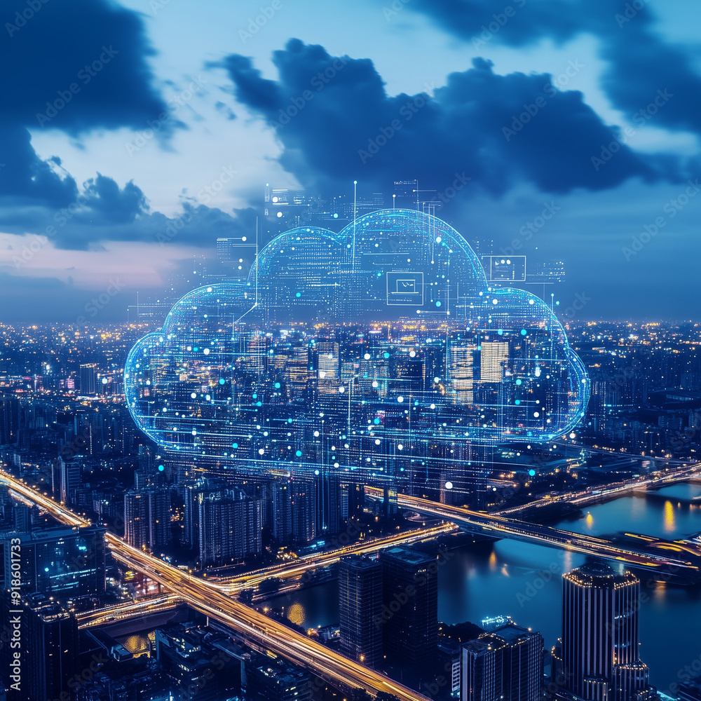 Obraz premium Global Cloud Computing and Digital Data Transfer Network