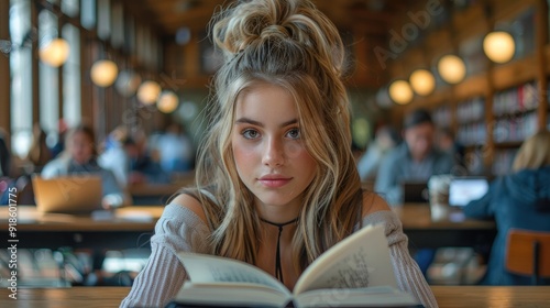 A young woman with long blonde hair and wearing an elegant sweater is studying at a table surrounded by other students