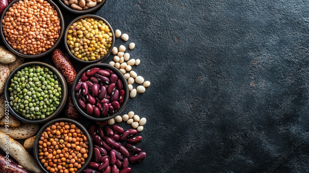 A variety of beans and peas are displayed in bowls on a black background A variety of beans and peas are displayed in bowls on a black background